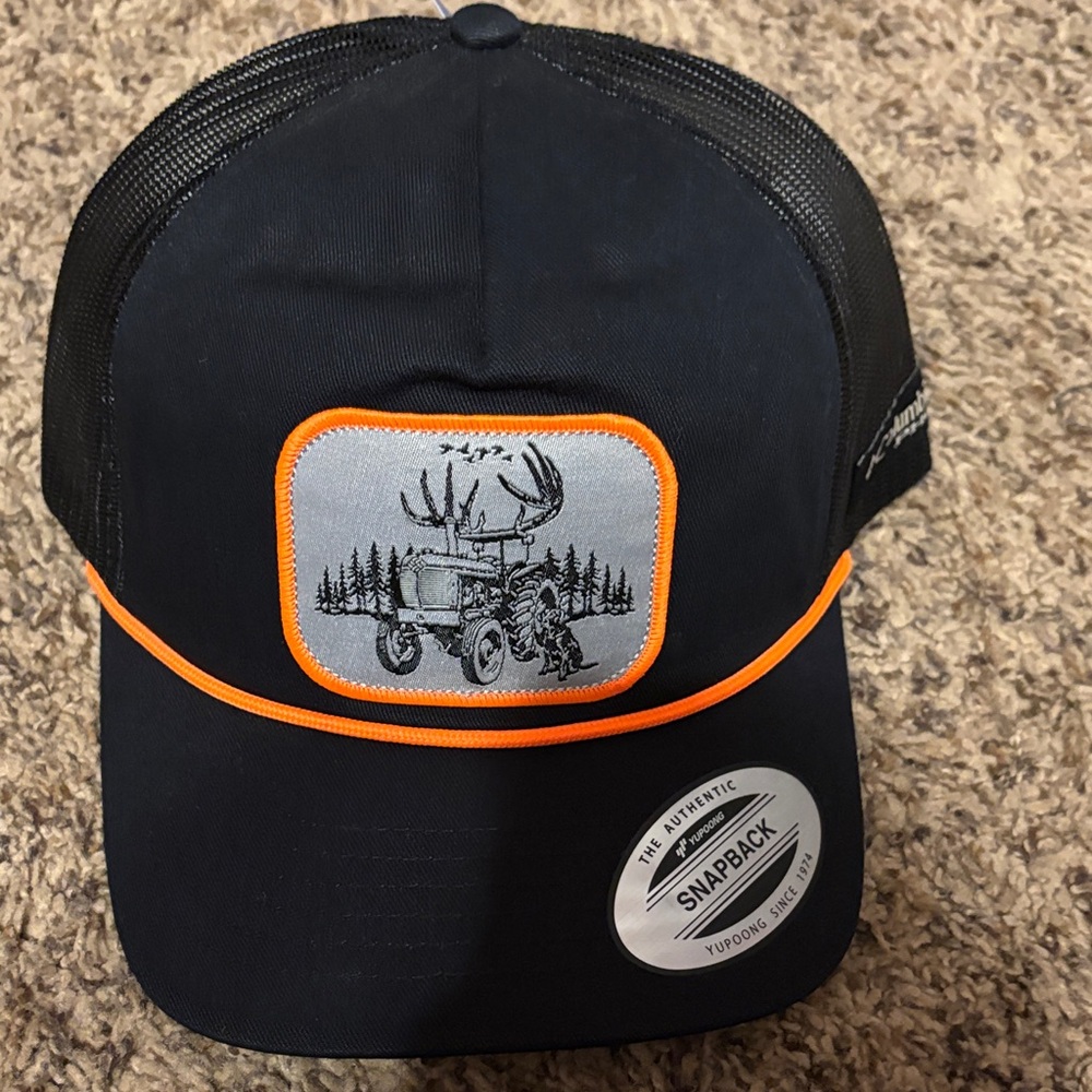 NWT unisex Columbia PFG Black and Orange Snapback Hat with forest, tractor, dog